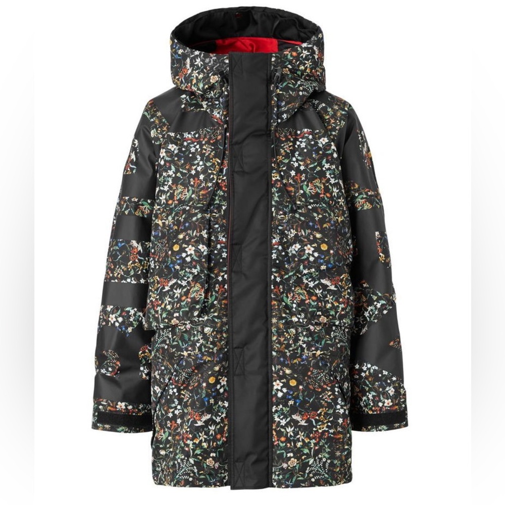 BURBERRY Black Floral-Print Nylon Twill Logo Detail Hooded Parka,SIZE S